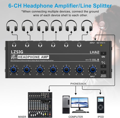 LZSIG Headphone Amplifier 6 Channel Metal Stereo Audio Amplifier, Mini Earphone Splitter with Power Adapter, TRS