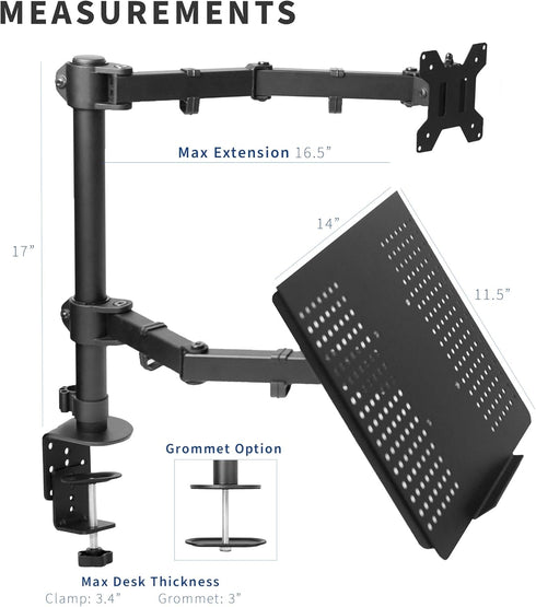 VIVO Black Fully Adjustable 13 to 32 inch Single Computer Monitor and Laptop Desk Mount Combo
