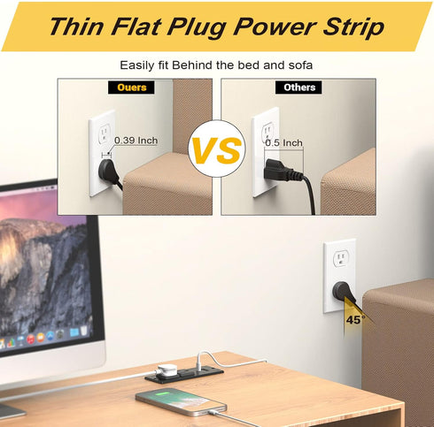 Recessed Power Strip USB C PD 20W, Recessed Outlet with USB Ports, Flat Plug Desk Power Strip for Sofa Drawer Cabinet Nightstand, 6 FT Extension Cord Conference Table Power Hub