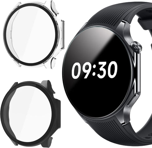 Lamshaw Hard PC Case for OnePlus Watch 2 with Screen Protector, Compatible Smartwatch Case (2 Pack-Black+Clear)