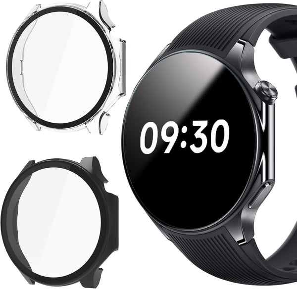 Lamshaw Hard PC Case for OnePlus Watch 2 with Screen Protector, Compatible Smartwatch Case (2 Pack-Black+Clear)