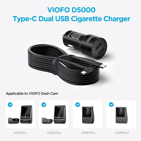 VIOFO D5000 11.4ft(3.5M) A229 Pro/A229 Plus/A119M Pro/A119Mini 2 Type-C USB Cigarette Charger with Power Cable for Dash