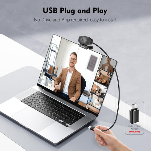 TOALLIN 1080P 90 Full HD Webcam with Dual Microphones, Computer Web Camera, Wide Angle View Without Distortion, USB
