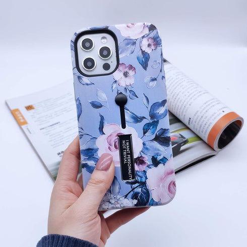 Compatible with iPhone 12 Pro Max Case, Rugged Shockproof Slim Fit Dual Layer, 3D Embossed Pink Flowers Blue Shell