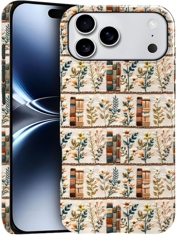 Generic Compatible with iPhone 17 Pro Max,Anti-Scratch Glossy Case Cover,Embroidery Book Flowers Bookshelf