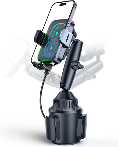 APPS2Car Dual Coil Wireless Car Charger Auto Clamping 15W Cup Holder Phone Mount for iPhone 16 15 14 13 Samsung