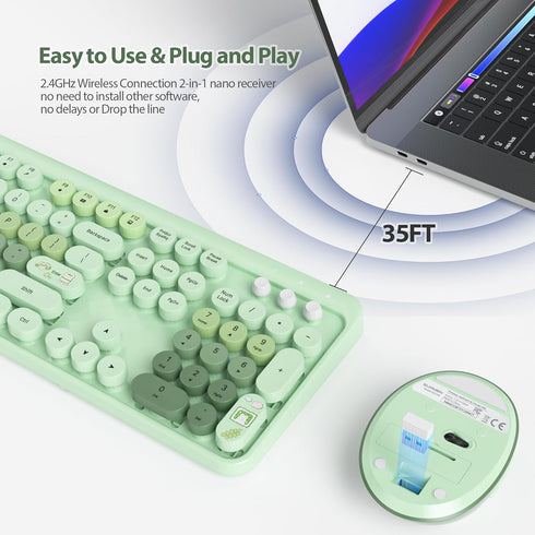 Fogruaden Green Keyboard and Mouse Wireless, Retro Typewriter Keyboard, 2.4GHz 104 Keys Full Size Cute Keyboard