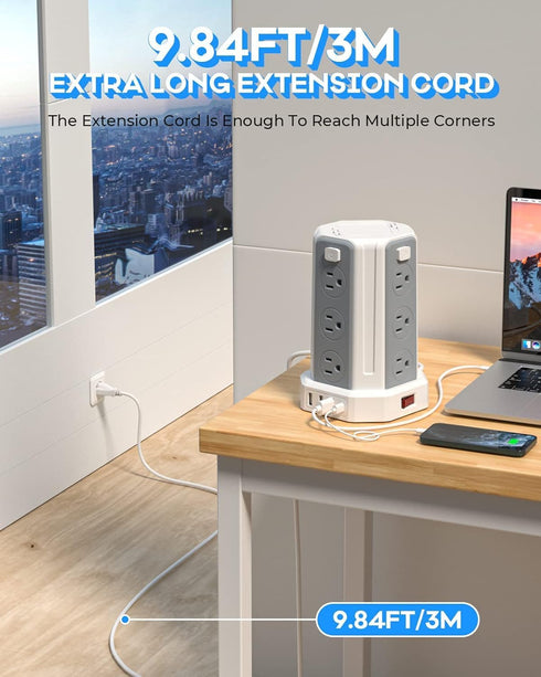 Power Strip Surge Protector, 10 Ft Extension Cord with 12 AC Outlets, 4 USB (1 USB C), White Desktop Charging Station