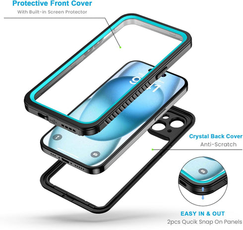 Lanhiem iPhone 15 Case, IP68 Waterproof Dustproof Shockproof with Built-in Screen Protector, Heavy Duty Rugged Cover,