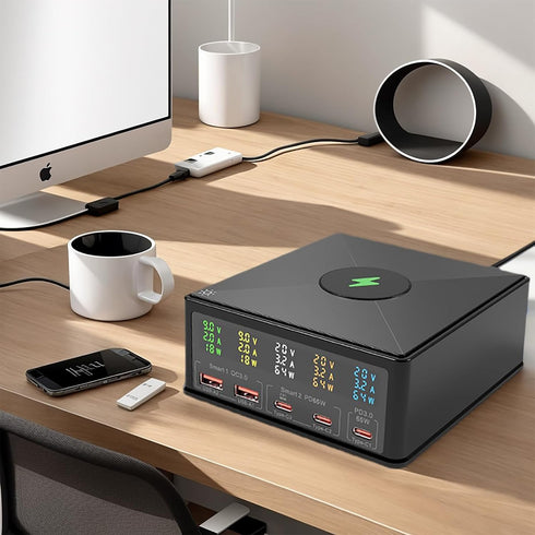 USB Charger Station Multi Port: Desktop 160W Power Fast Charging Hub Wall Block PD 3.0 – 5 Ports with Wireless Pad &