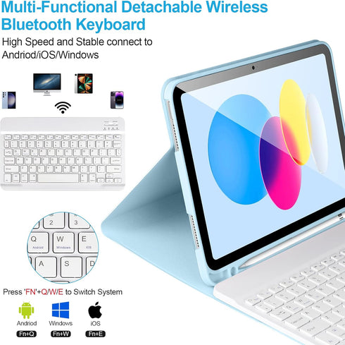 iPad 10th Generation Case with Keyboard, Detachable Bluetooth Keyboard Case for iPad 10.9 2022, Blue-W