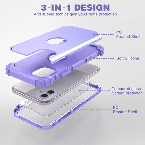 IDweel Hybrid 3 in 1 Shockproof Heavy Duty Case for iPhone 11 with Tempered Glass Screen Protector, Purple