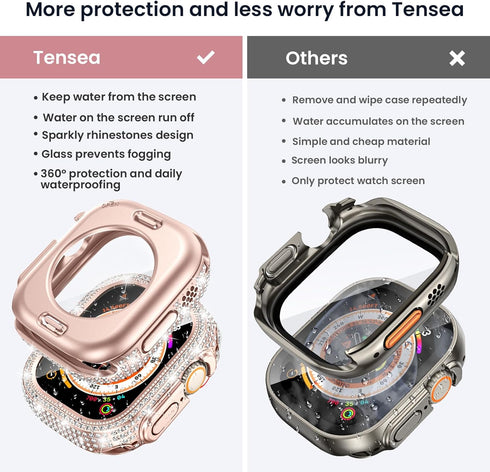 Tensea 2 in 1 Waterproof Case for Apple Watch Ultra2/Ultra 49mm, Hard PC Diamond Bumper with Tempered Glass Film, Bling