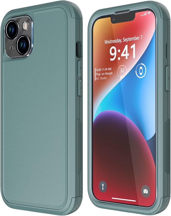Diverbox Heavy Duty Case for iPhone 14, Shockproof, Tempered Glass Screen + Camera Lens Protector, Pine Green