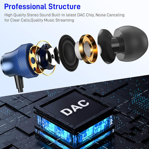 USB C Earbuds for Google Pixel 8, iPhone 15 Plus, Galaxy S24, OnePlus, Wired Type C Earphones with Microphone, Blue.