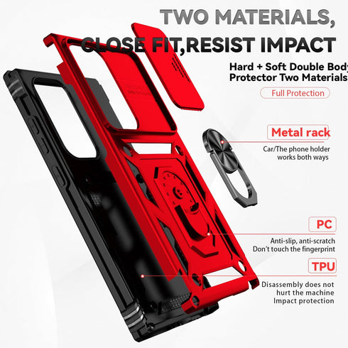 SunStory Military-Grade Full Body Protective Case for Samsung Galaxy S24 Ultra with Kickstand & Slide Camera Cover, Red