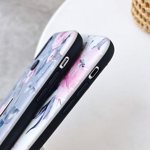 Compatible with iPhone 11 Pro Max Case, Finger Grip, 3D Embossed Pink Flowers Gray Shell Design, Rugged Shockproof Case
