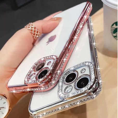 Luxury Pink Clear Glitter Case for iPhone 15 Plus 6.7", Bling Diamond Rhinestone, Soft TPU Bumper, Camera Protector.
