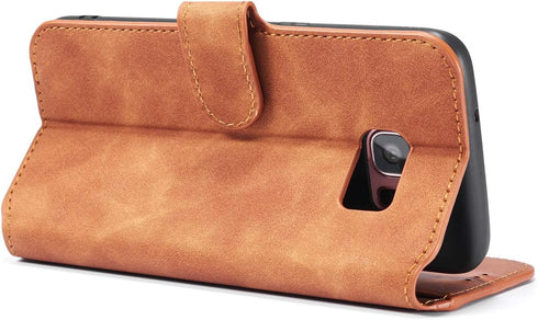 UEEBAI PU Leather Case for Samsung Galaxy S7 Edge, Vintage Retro Wallet Flip Cover, Brown