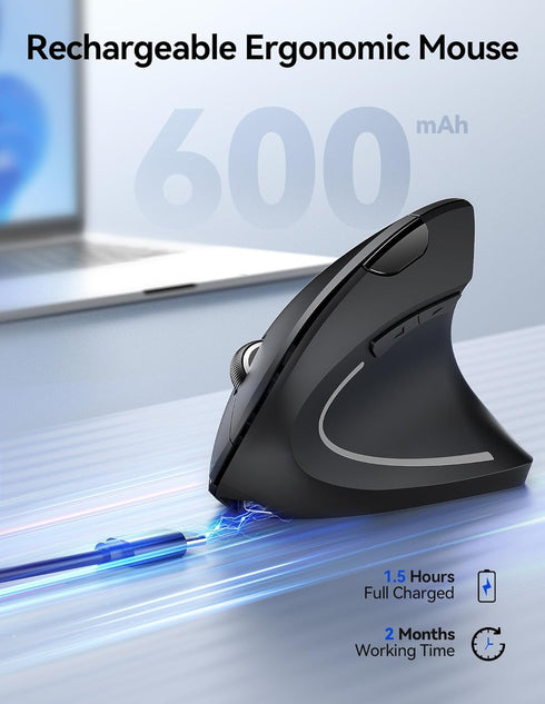 TECKNET Ergonomic Wireless Mouse, Rechargeable Vertical Ergo Mouse, Silent 2.4GHz, 6 Buttons, Up to 4800DPI