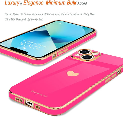Teageo iPhone 13 Case for Women - Cute Love-Heart Bling Soft Silicone Cover, Shockproof, Hot Pink, Full Camera