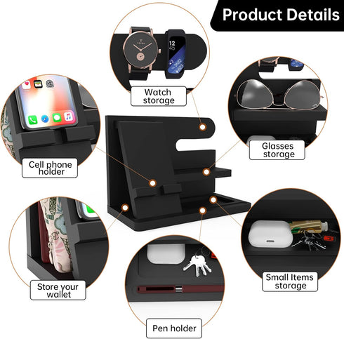 Gifts for Men Desk Organizer, Wooden Phone Docking Station for Key Wallet Holder, Watch Organizer for Birthday Gifts