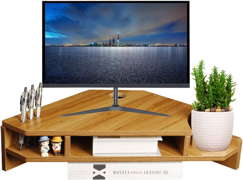 Triangle Monitor Stand Riser, Cut Triangle Desktop Corner Shelf with Drawers, Wooden Computer Stand with Storage for