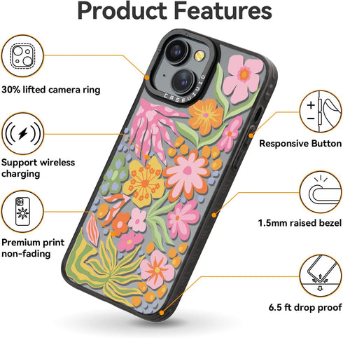 Cute Aesthetic iPhone 15 Case - Durable Girly Passion Flower Print Cover for Women, 6.1 inches, Black.