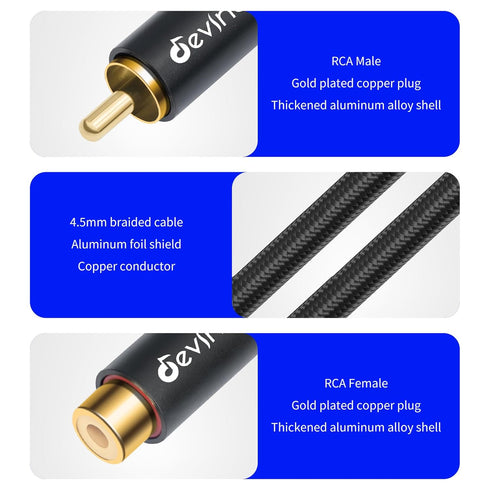 20ft/6m Devinal RCA Female to Male Extension Cable - Premium Audio Extender Cord for High Sound Quality & Durability