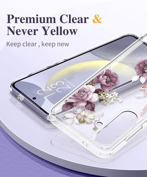 GVIEWIN Clear Floral Case for Samsung Galaxy S24 Plus 6.7" with Screen & Camera Lens Protectors (Cherry Blossoms/Purple)