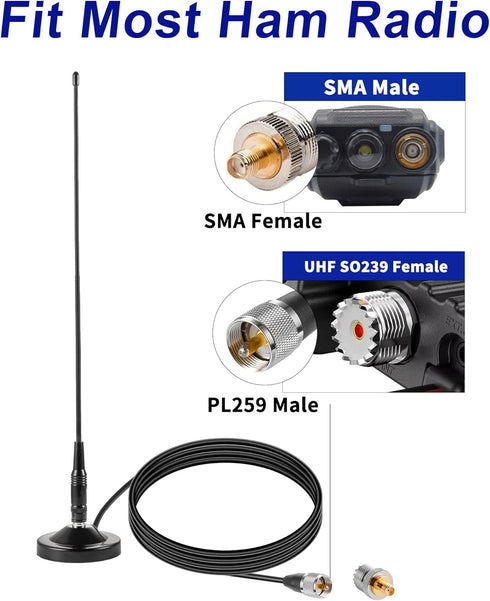 eifagur 136-174MHz 400-470MHz 2meter 70CM Vehicle Car Mobile Ham Radio GMRS Soft Whip Antenna, UHF VHF Magnetic Base