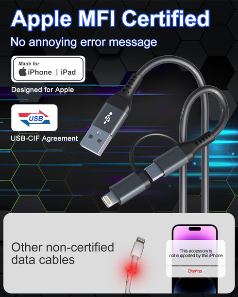USB to USB C and Lightning Cable 2 in 1, 3A Fast Charging & Data Sync for Apple CarPlay & Android Auto