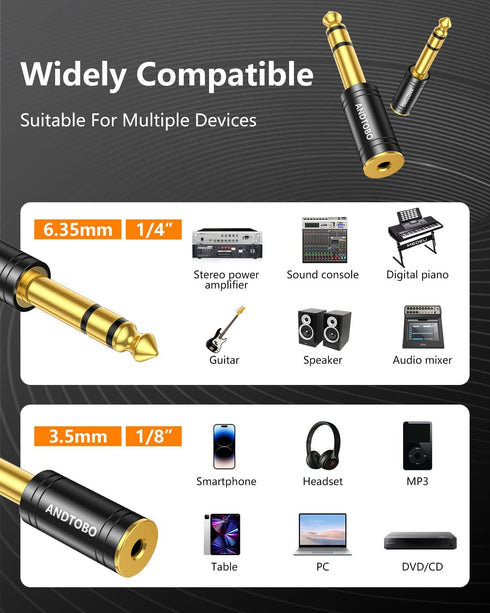 ANDTOBO 1/4''(6.35mm) Male to 1/8'' (3.5mm) Female Stereo Audio Jack Adapter, Pure Copper, 1 Pack, Black