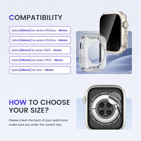 Goton 2 in 1 Waterproof Apple Watch Case for Series 9 8 7, 45mm Anti-Spy Glass Front & Clear Back Bumper.