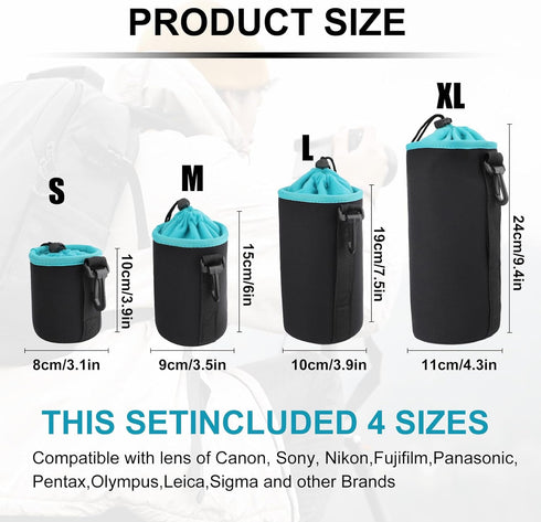 Sopoloray 4Pcs Bag,4 Set Camera Lens Case Sizes Blue Water Resistant Protective Lens Pouch With Adjustable Drawstring