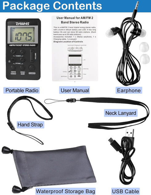 ZHIWHIS Portable Radio, AM FM Mini Transistor Rechargeable Battery Personal Digital Tuning Stereo Pocket Walkmen with