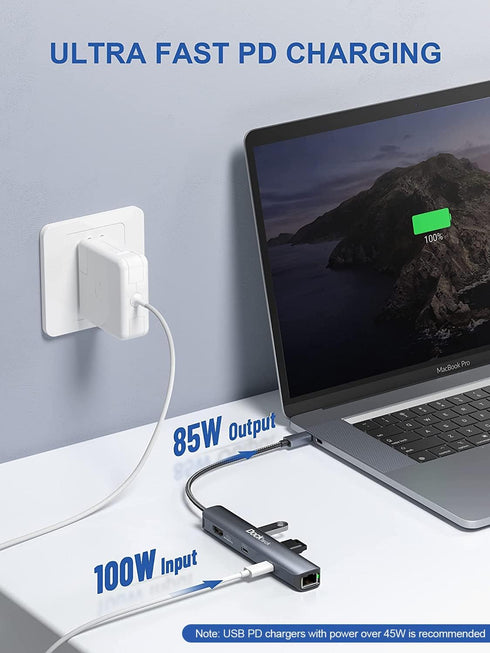USB C Hub Ethernet, 6 in 1 Laptop Docking Station, Dockteck USB C Multiport Adapter with 4K HDMI, 100W PD, and USB Ports