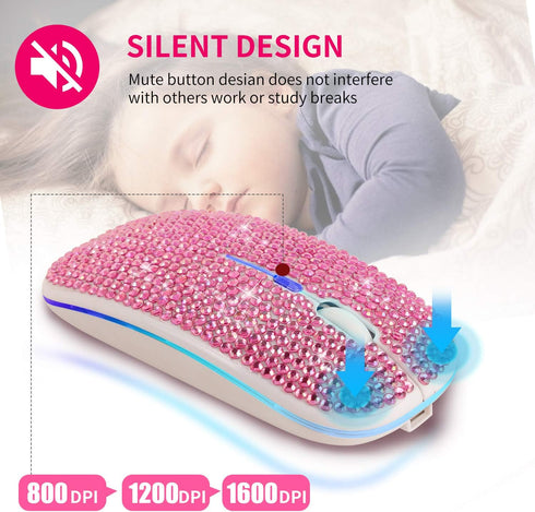 HXMJ Bling Dazzling Rechargeable Bluetooth Wireless Mouse, 2.4GHz+5.2, Crystal Diamond Rhinestone, RGB Backlit (Pink)