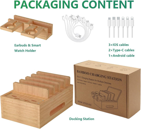 Bamboo Charging Stations for Multi Devices, Wood Desktop Docking Station Charger Organizer for Cell Phones, Tablets,