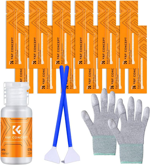 K&F Concept Full Frame Sensor Cleaning Kit, 16pcs Swabs, 20ml Cleaner & Gloves for Sony Nikon Canon Cameras