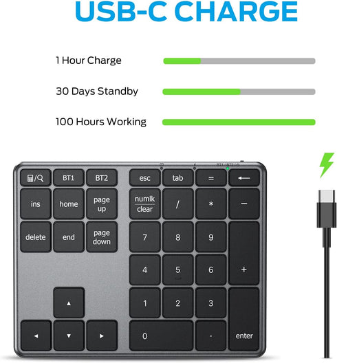 iClever Number Pad, Aluminum Wireless Number Pad for Multi Devices, USB-C Rechargeable, Compatible with Laptop, Mac, PC