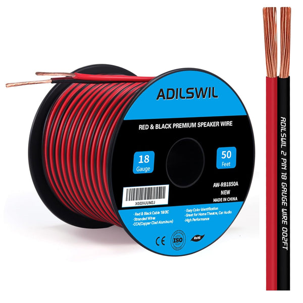 Speaker Wire Cable 18 Gauge 50FT, 18/2 AWG CCA Red Black Wire, Low Voltage Wire for DC 12V/24V Stereo Audio