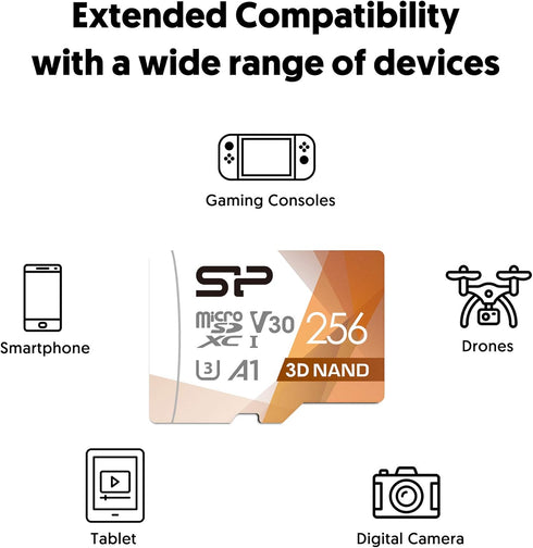 Silicon Power 256GB Micro SD Card U3 SDXC with Adapter for Nintendo Switch, Cams, Drones - Up to 100MB/s High Speed