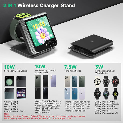 Wireless Charger for Samsung Galaxy Z Flip, 2 in 1 Foldable Travel Fast Charging Stand for Galaxy Z Flip 6/5/4/3,