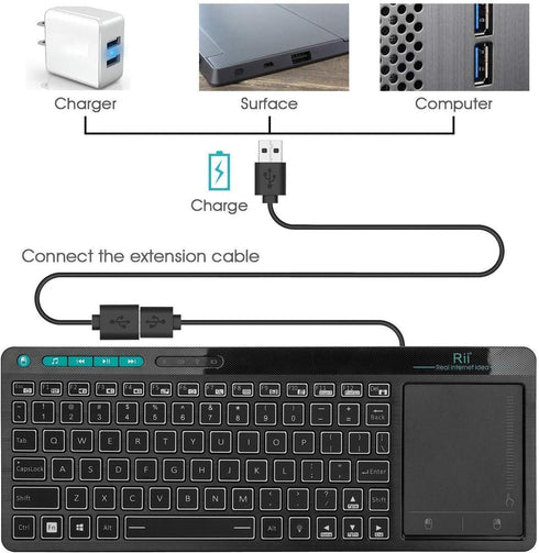 Rii K18 Plus Wireless Multimedia Keyboard, 3-LED Color Backlit with Multi-Touch Big Size Trackpad, Rechargeable for