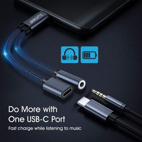 Xumee USB Type C to 3.5mm Headphone and Charger Adapter, 2-in-1 USB C to Aux Audio Jack for iPhone 15 Pro Max, Galaxy