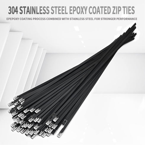100pcs 11.8 inch 304Stainless Metal Zip Ties black steel Epoxy Coated Cable Tie Multi-purpose Self-locking Cable Ties