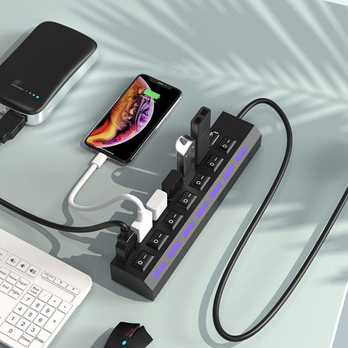 USB Hub 7 Port USB 2.0, LED Portable High-Speed Compatible for iMac Pro, MacBook Air, Surface Pro, PC and Laptop