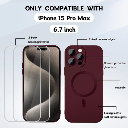 iPhone 15 Pro Max Magnetic Case for Women - Wine Red, Matte Soft Metallic, MagSafe Compatible, with Lens & 2 Screen