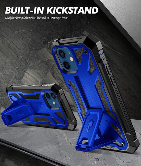 Poetic Spartan iPhone 12/iPhone 12 Pro Case, Full-Body Rugged Dual-Layer Shockproof Cover with Kickstand, Metallic Blue